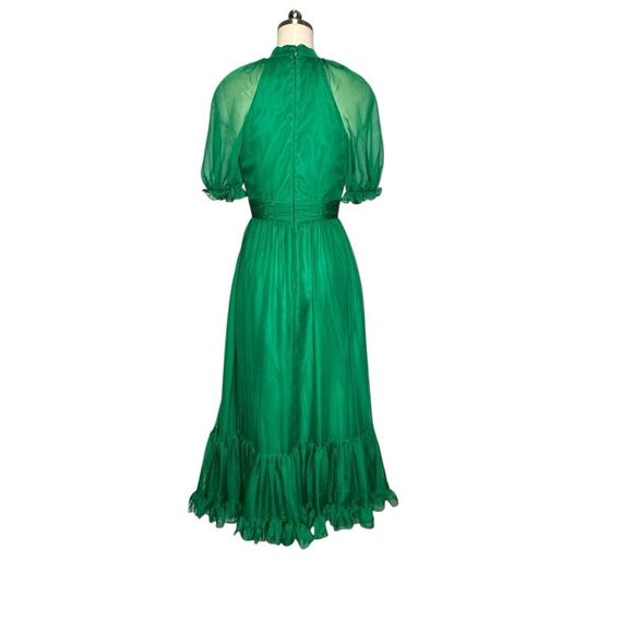 Mac Duggal Emerald Green Sheer Puff Sleeve Bow Neck Gown | 2 - Picture 8 of 10